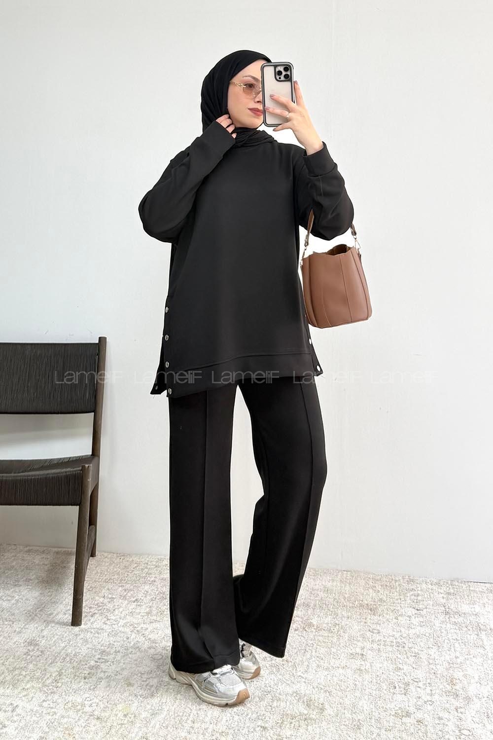 Black Crew Neck Long Arm Without Accessories Regular Trousers Suit