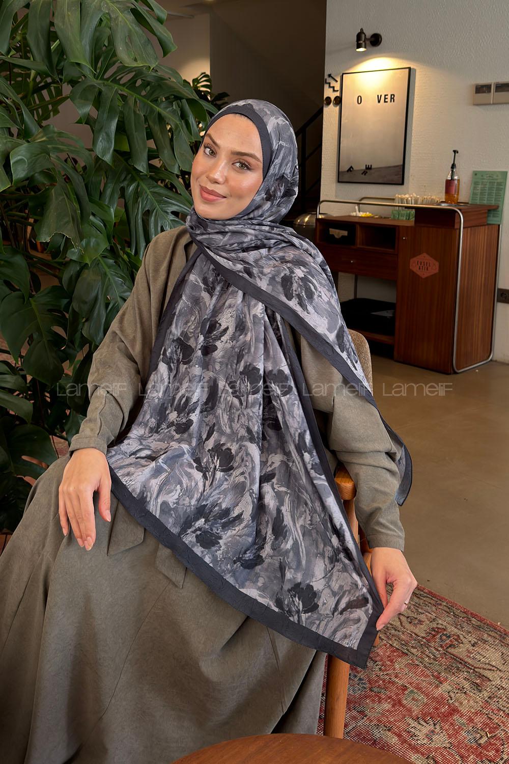 Lamelif Leaf Flower Desen Bambu Şal Antrasit