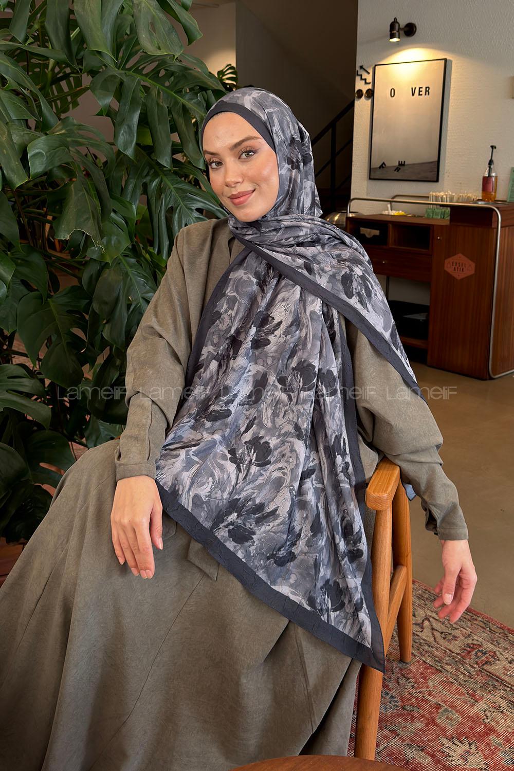 Lamelif Leaf Flower Desen Bambu Şal Antrasit