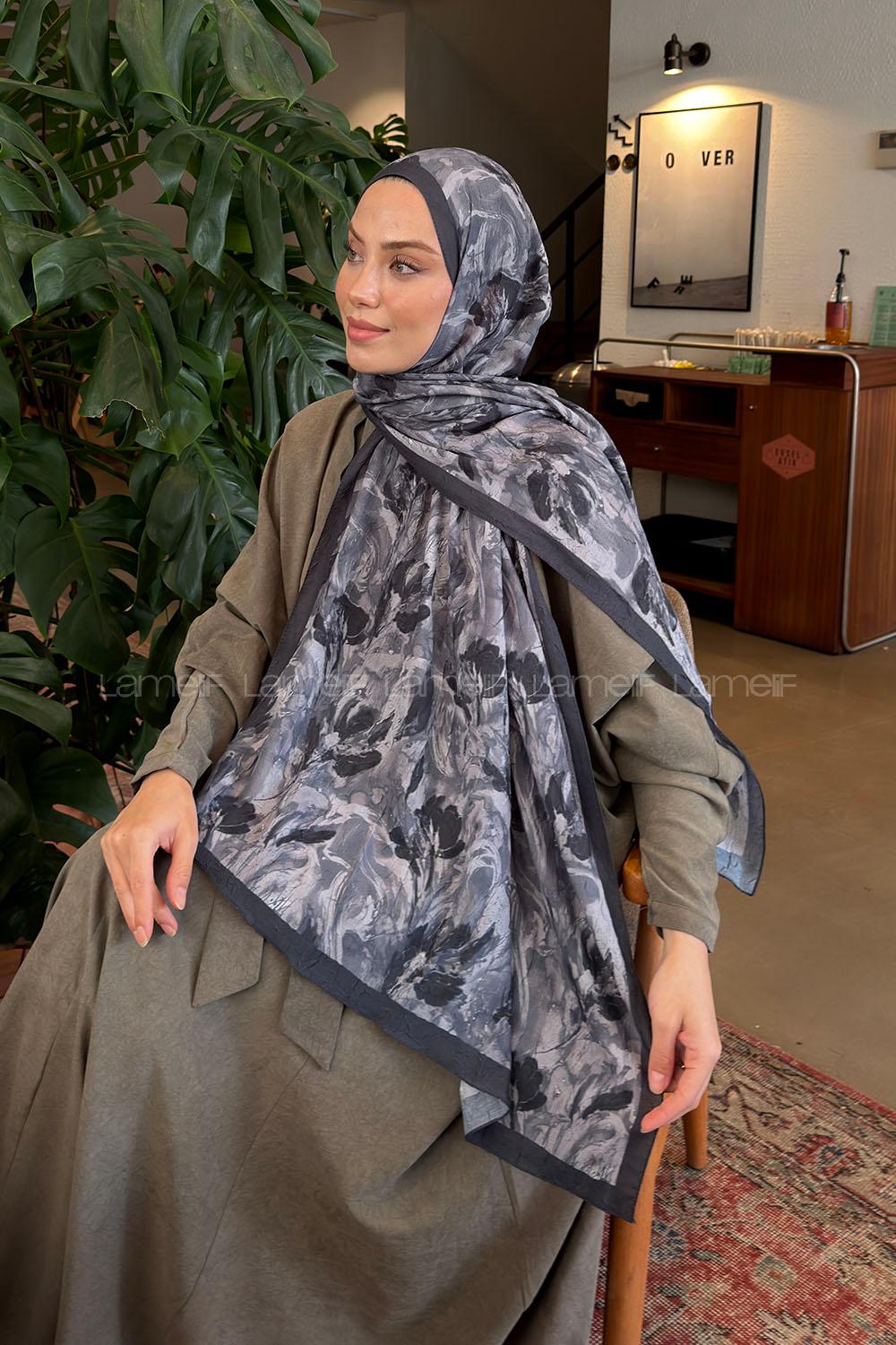 Lamelif Leaf Flower Desen Bambu Şal Antrasit