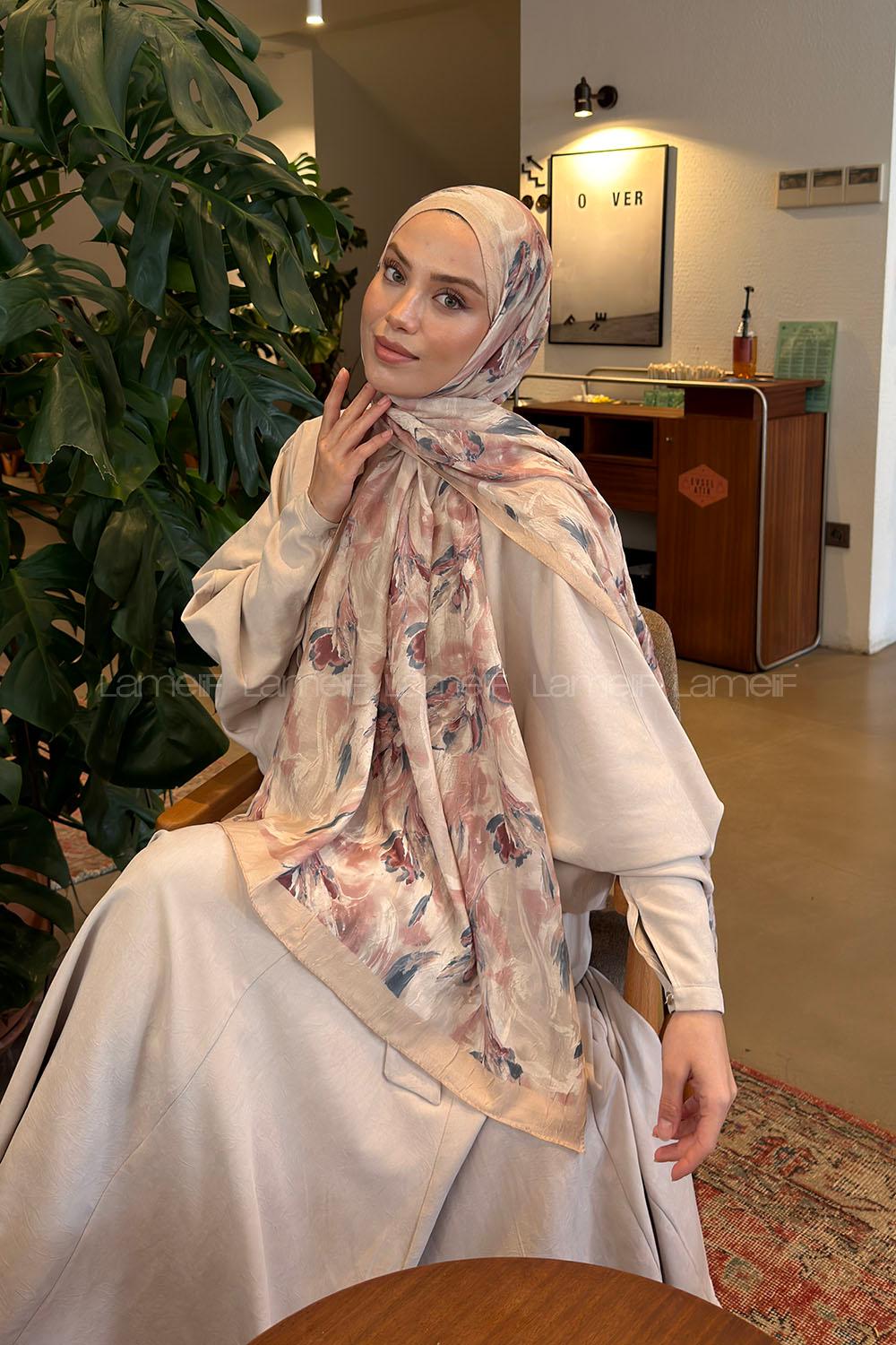 Lamelif Leaf Flower Desen Bambu Şal Bej