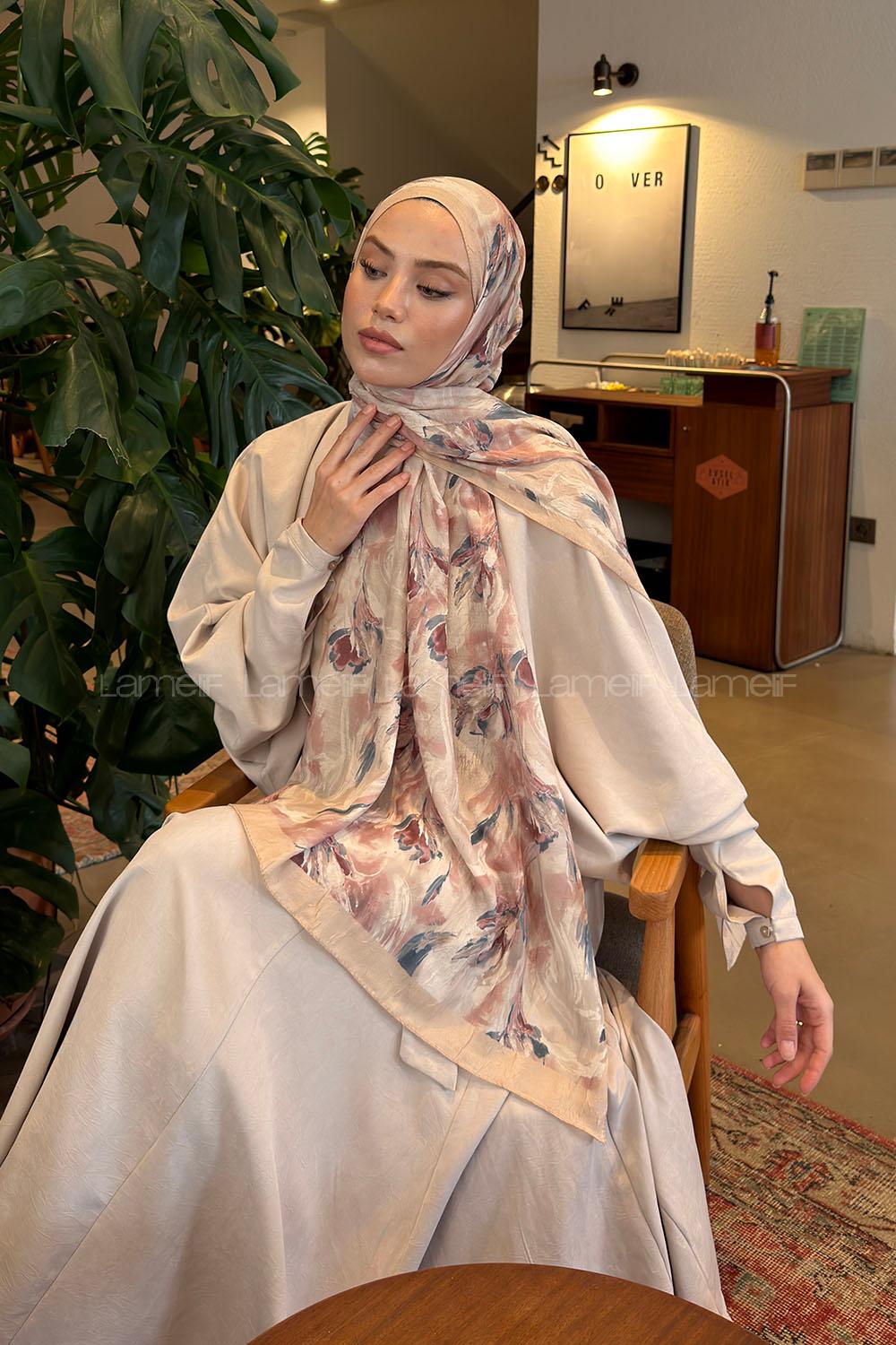 Lamelif Leaf Flower Desen Bambu Şal Bej