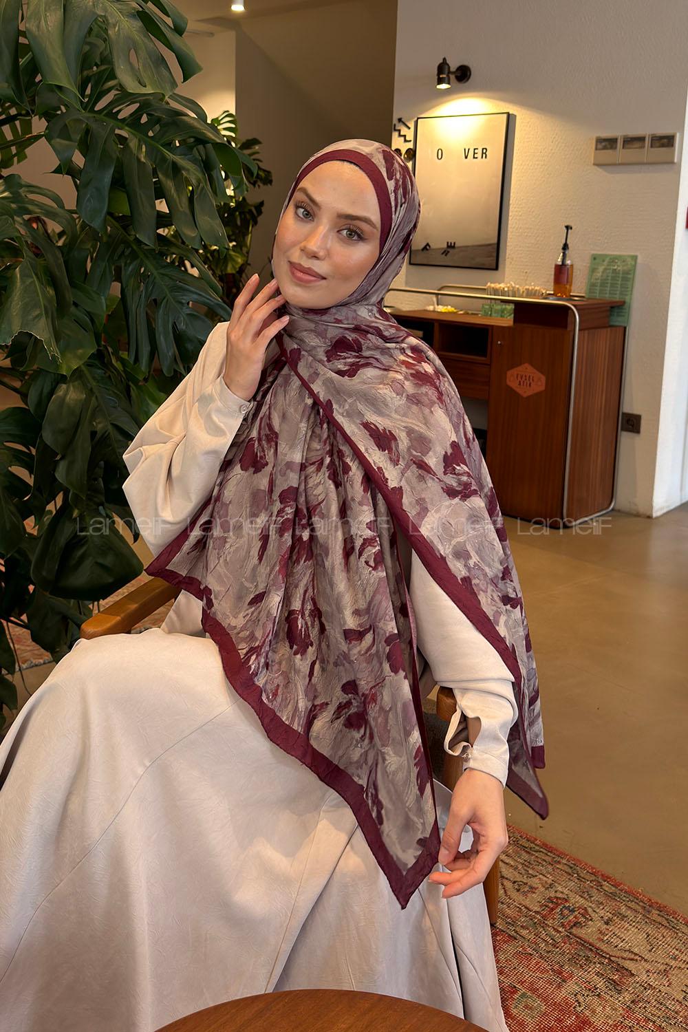Lamelif Leaf Flower Desen Bambu Şal Bordo