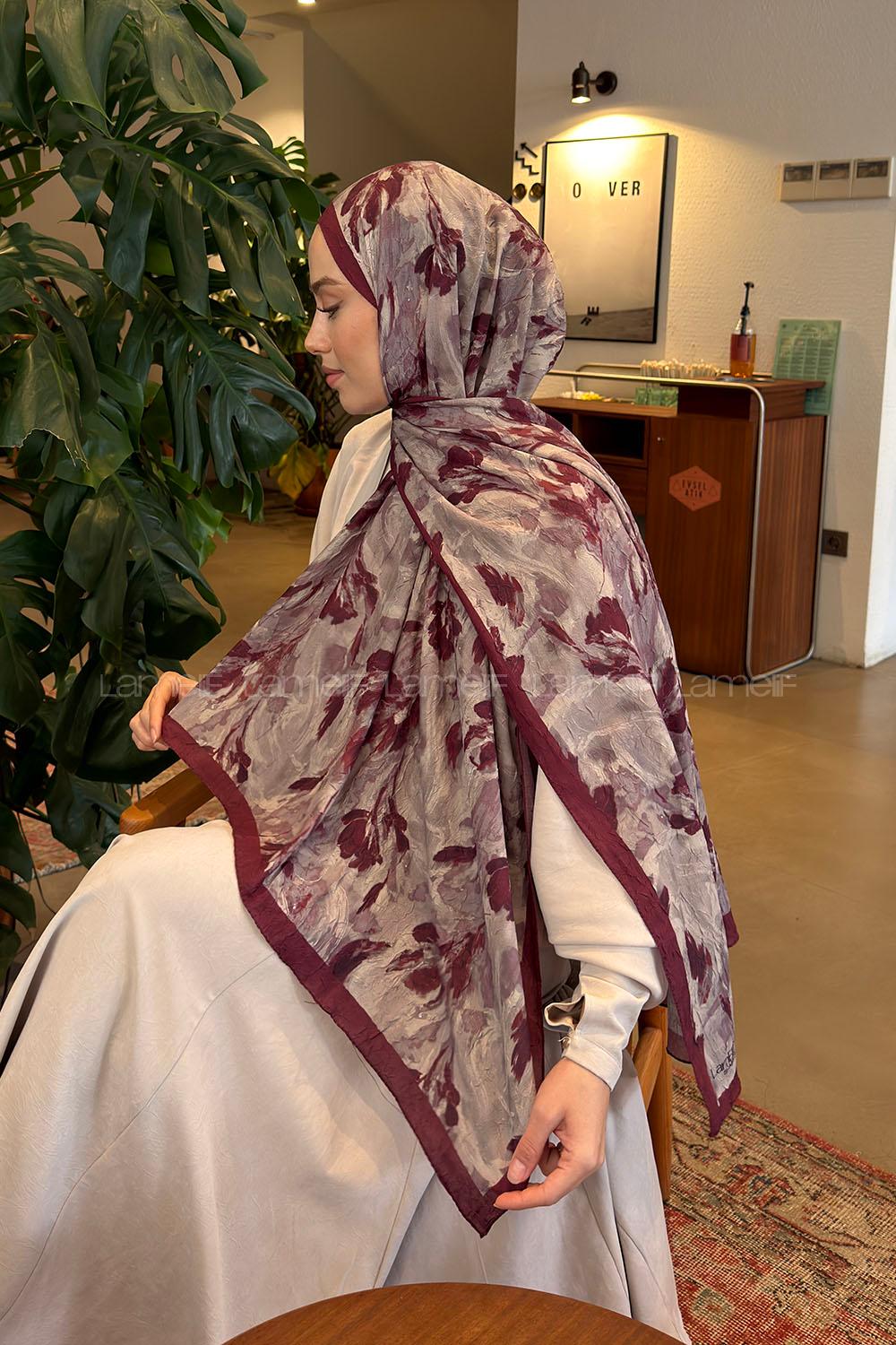 Lamelif Leaf Flower Desen Bambu Şal Bordo