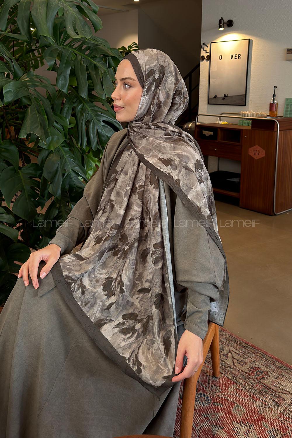 Lamelif Leaf Flower Desen Bambu Şal Haki