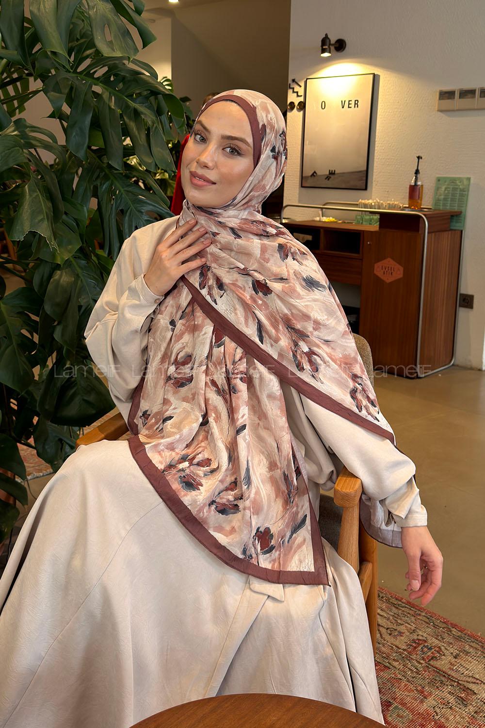 Lamelif Leaf Flower Desen Bambu Şal Kahverengi