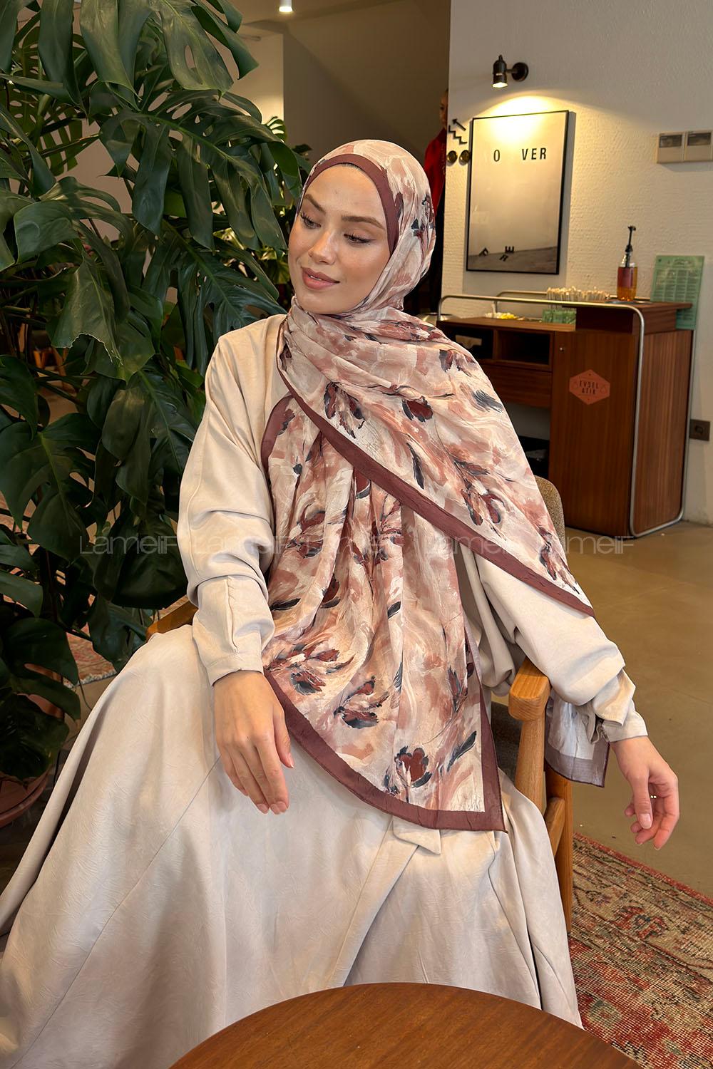 Lamelif Leaf Flower Desen Bambu Şal Kahverengi