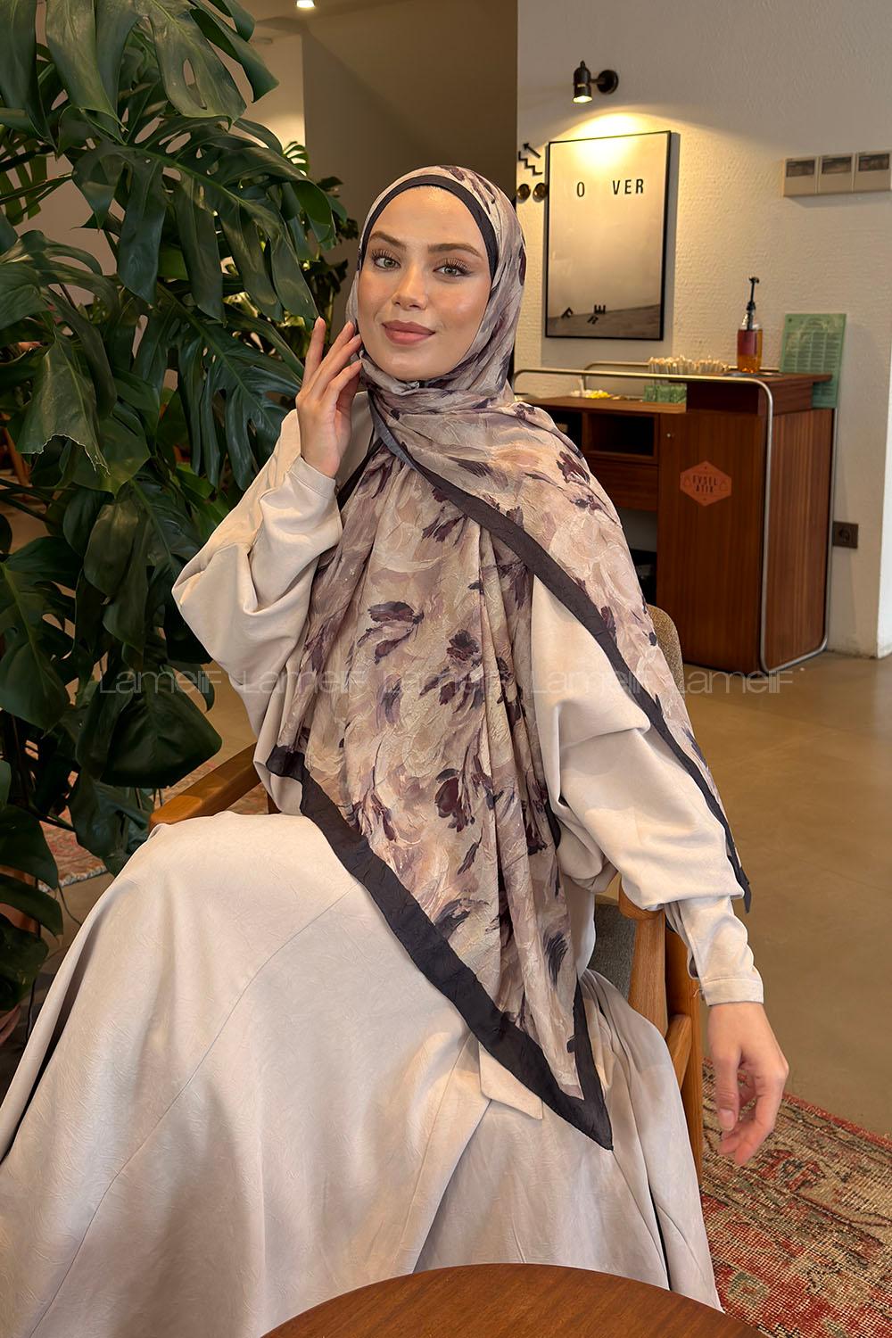 Lamelif Leaf Flower Desen Bambu Şal Koyu Bej Antrasit