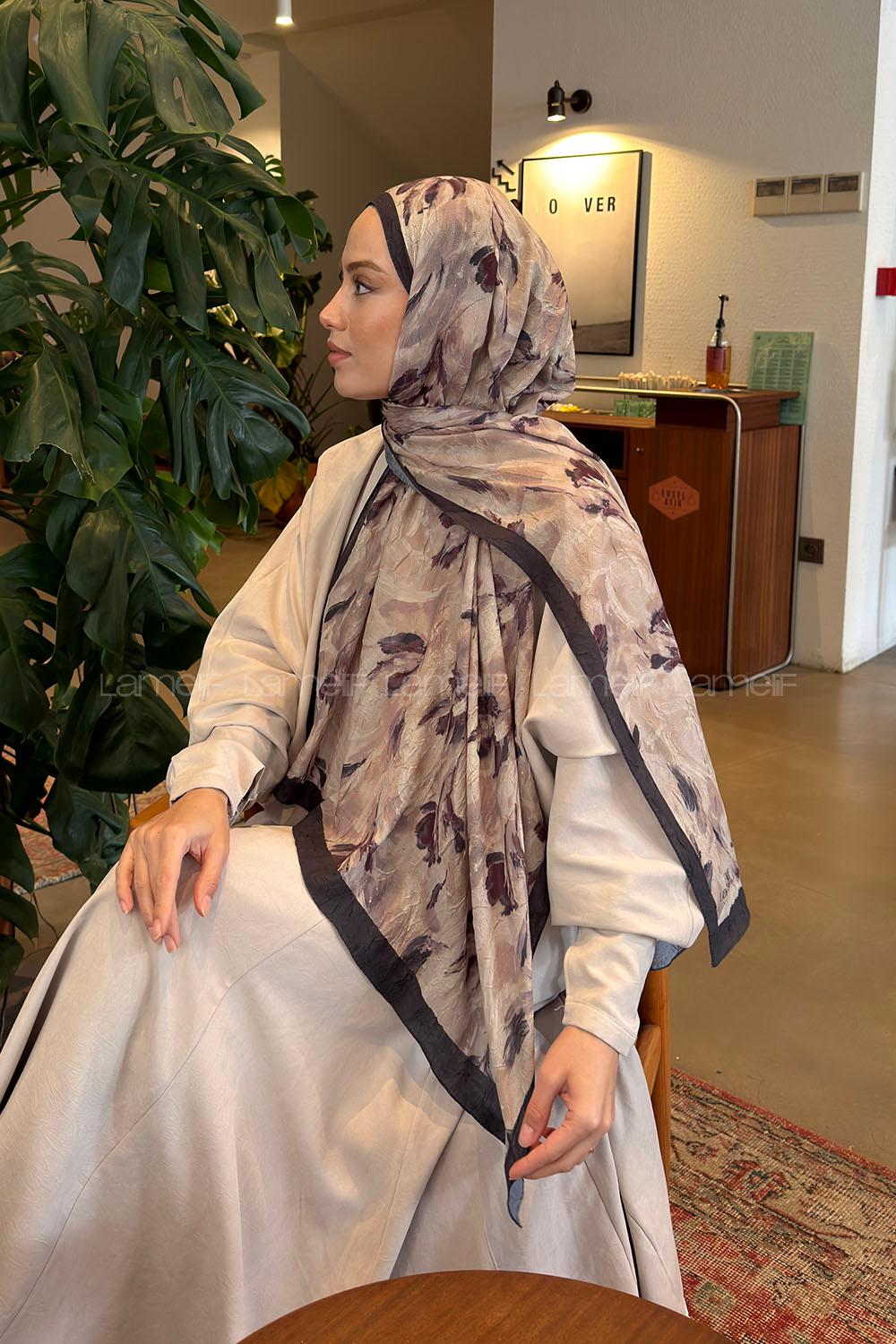 Lamelif Leaf Flower Desen Bambu Şal Koyu Bej Antrasit