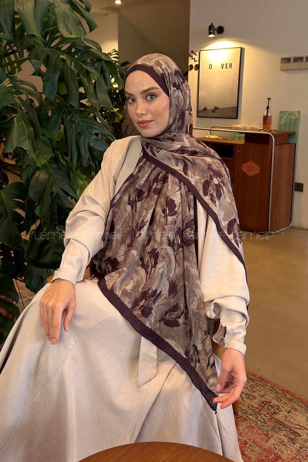 Lamelif Leaf Flower Desen Bambu Şal Küf Yeşili Mürdüm