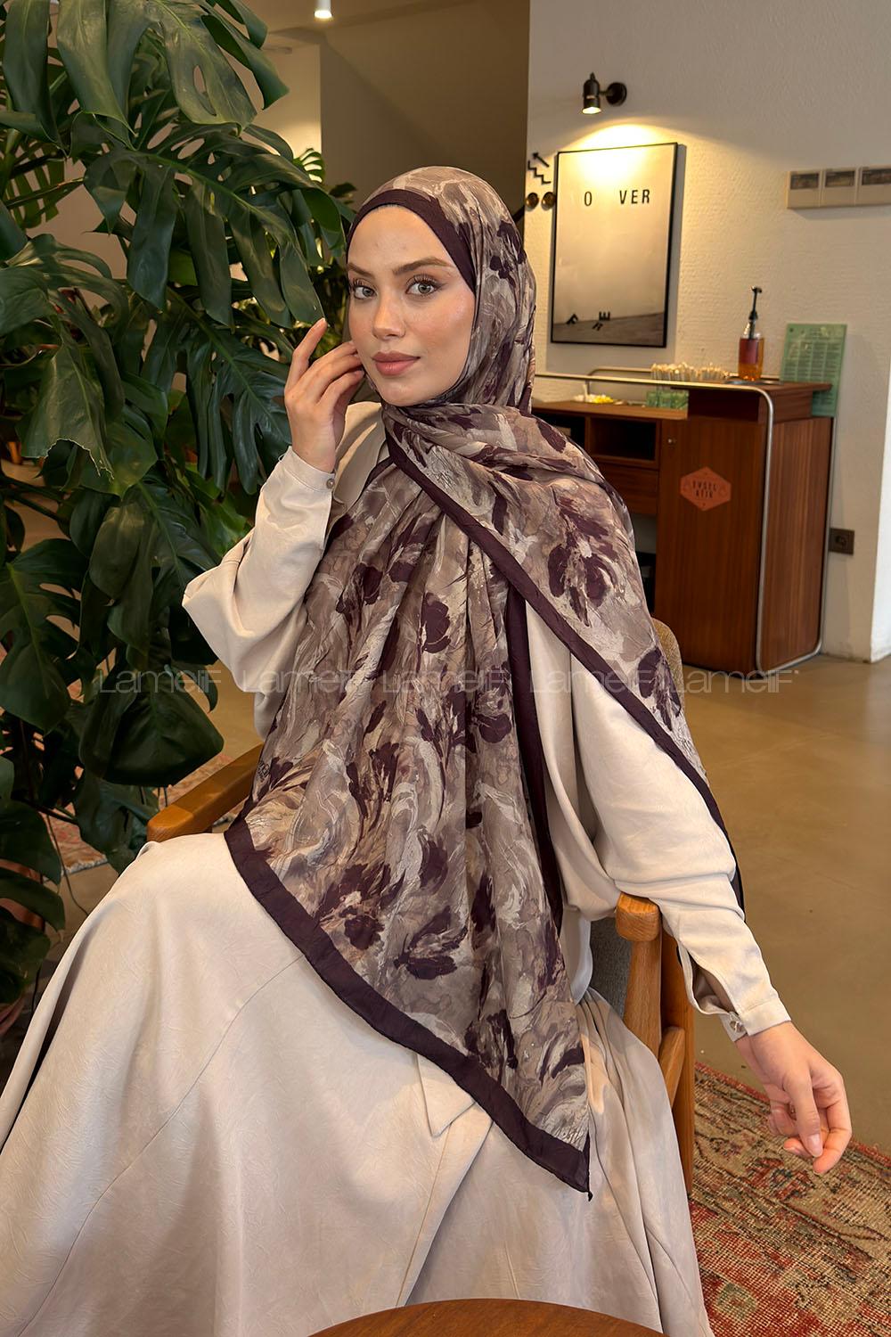 Lamelif Leaf Flower Desen Bambu Şal Küf Yeşili Mürdüm