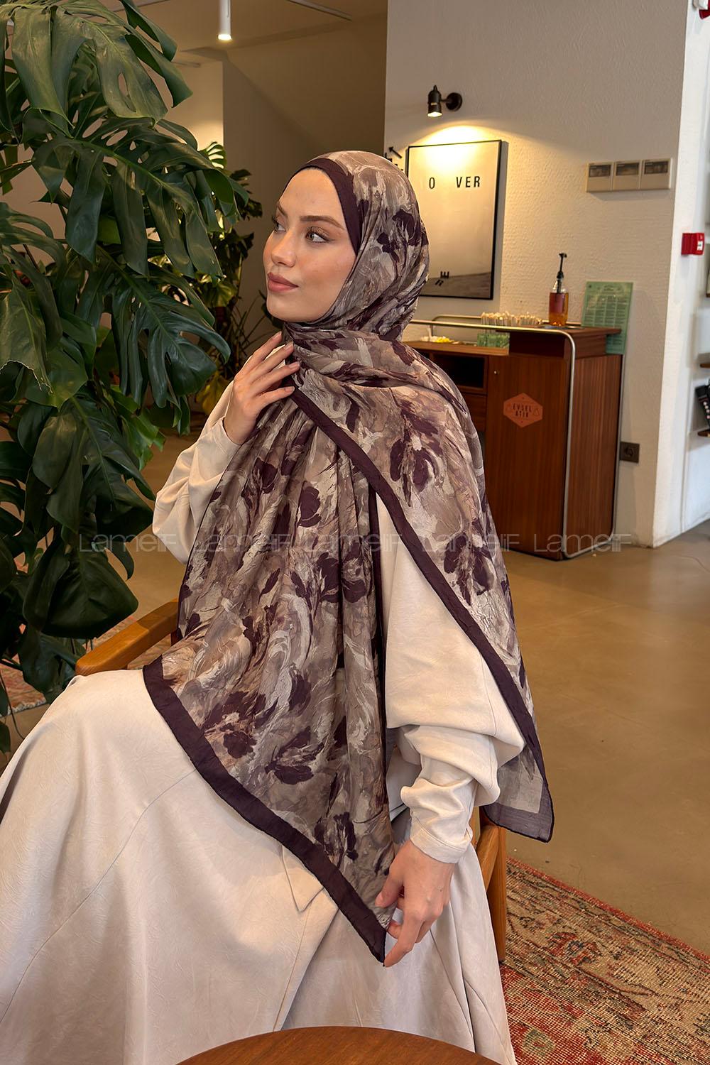 Lamelif Leaf Flower Desen Bambu Şal Küf Yeşili Mürdüm