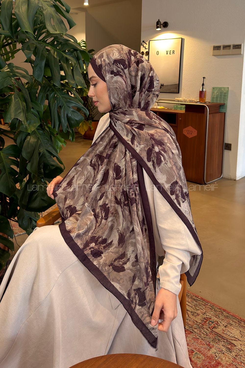 Lamelif Leaf Flower Desen Bambu Şal Küf Yeşili Mürdüm