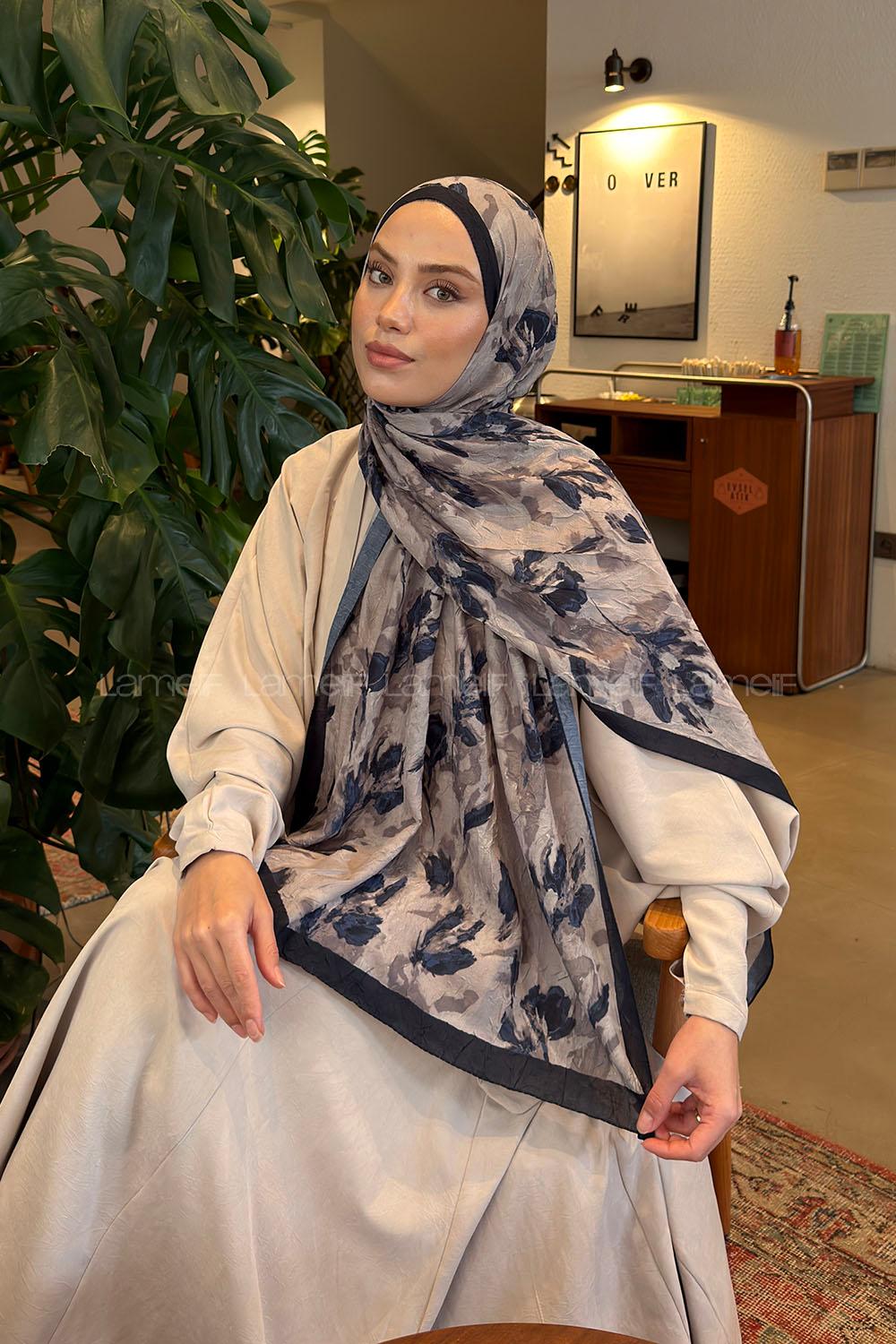 Lamelif Leaf Flower Desen Bambu Şal Lacivert