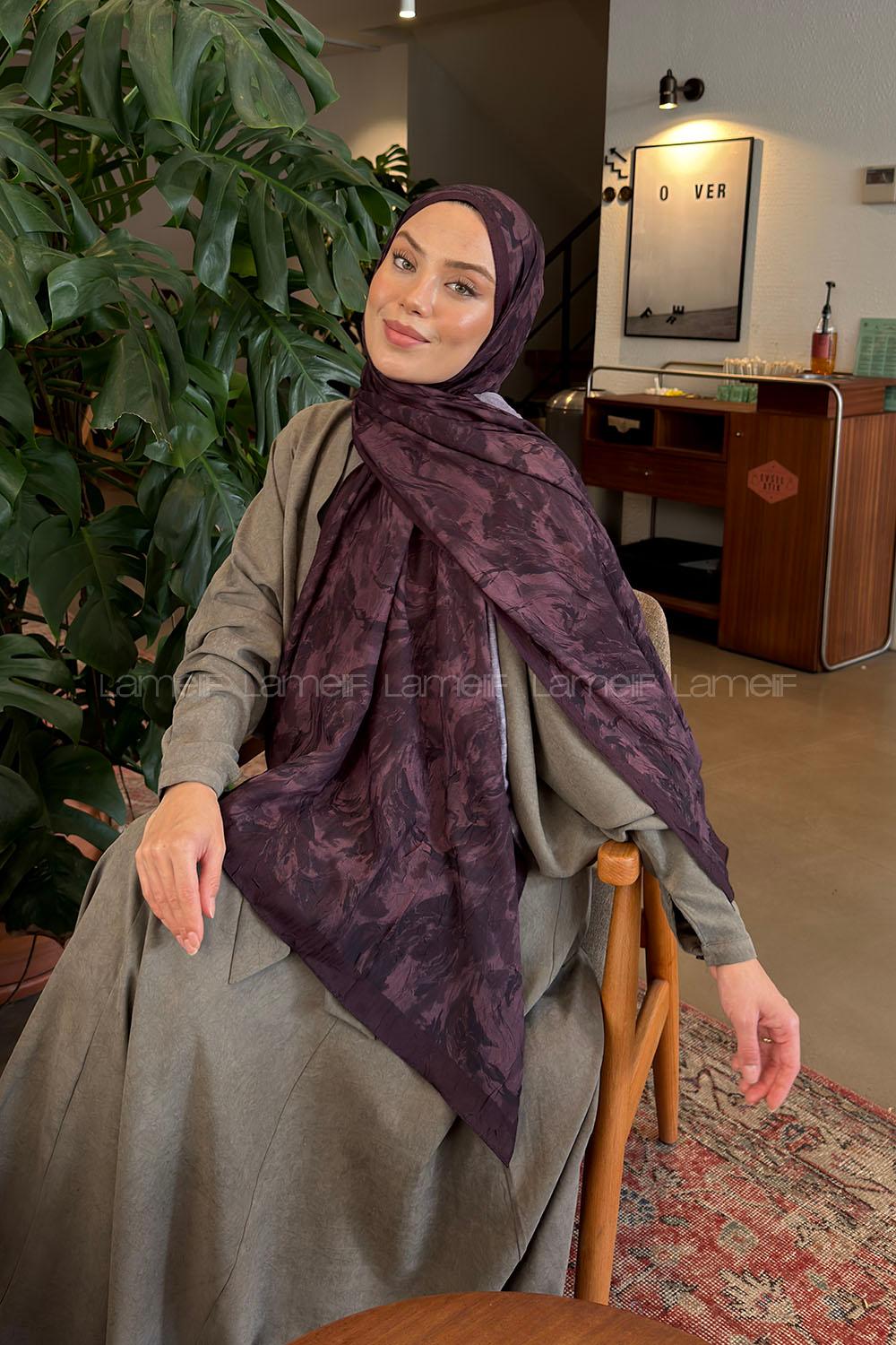 Lamelif Leaf Flower Desen Bambu Şal Mürdüm