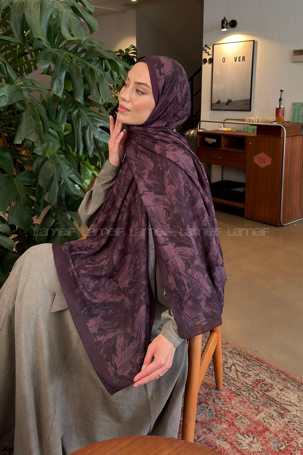 Lamelif Leaf Flower Desen Bambu Şal Mürdüm
