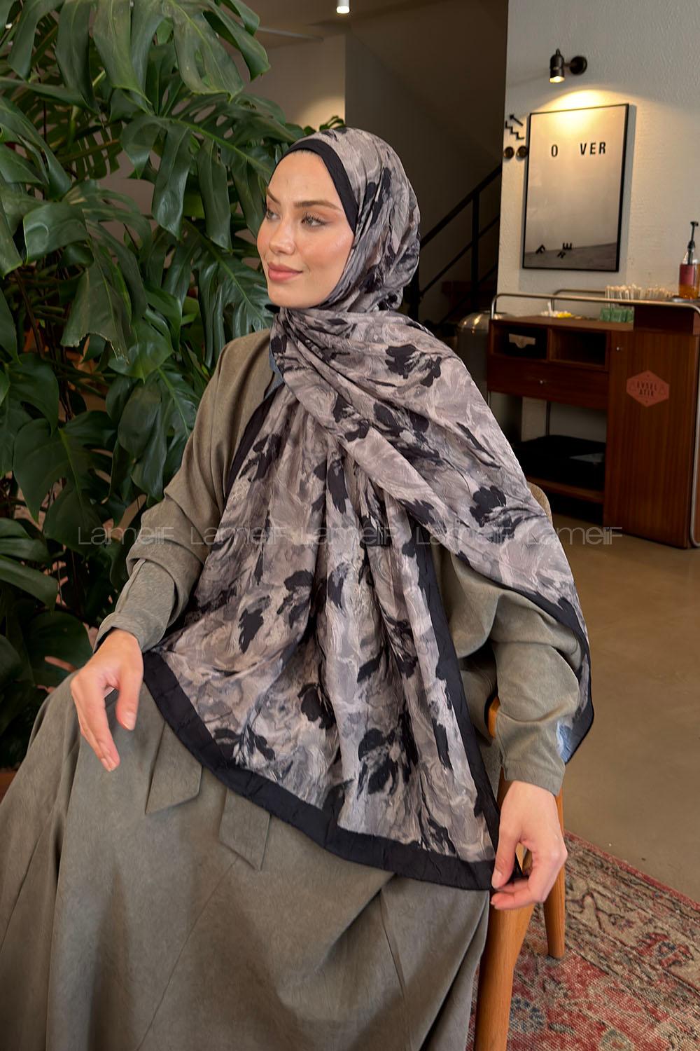 Lamelif Leaf Flower Desen Bambu Şal Siyah Vizon