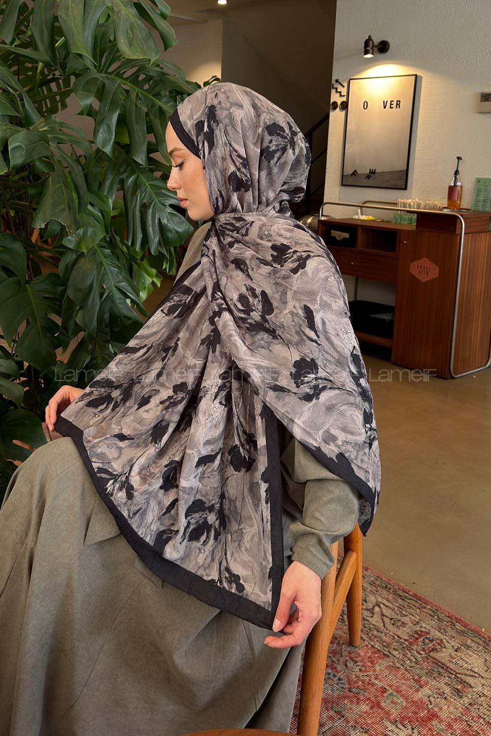 Lamelif Leaf Flower Desen Bambu Şal Siyah Vizon