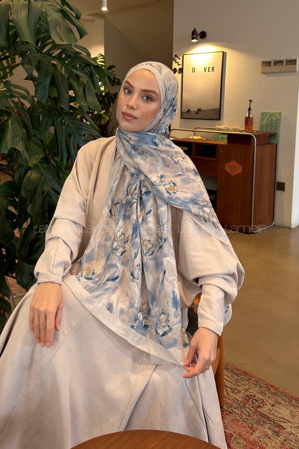 Lamelif Leaf Flower Desen Bambu Şal Taş Mavi