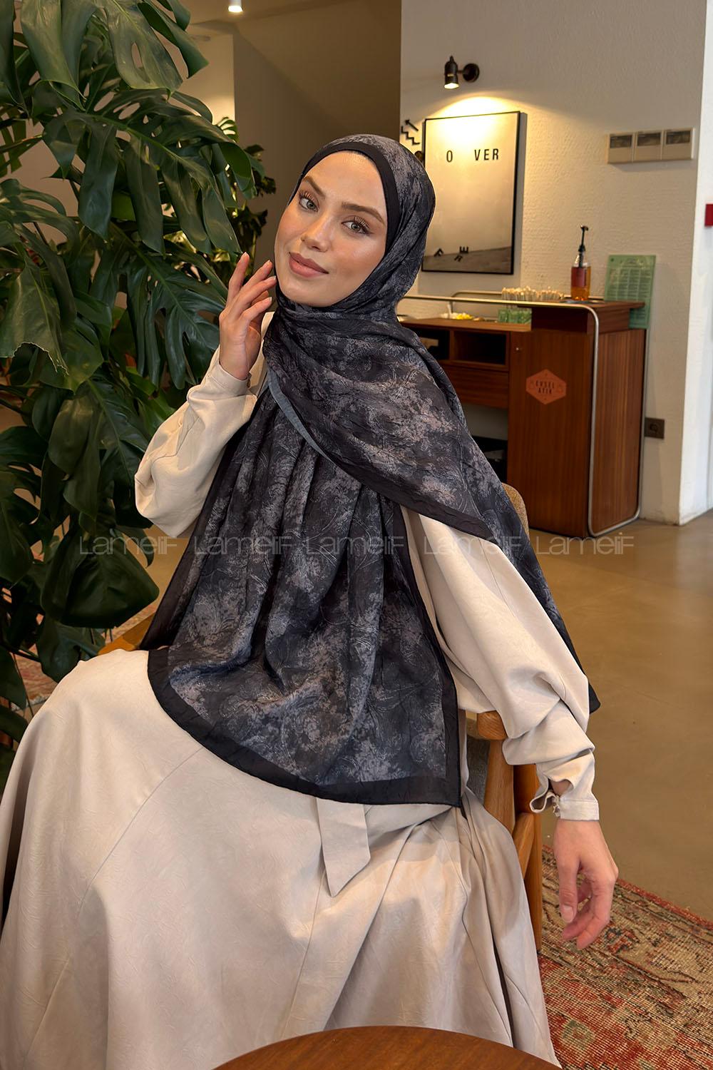 Lamelif Sarmaşık Desen Bambu Şal Siyah Gri