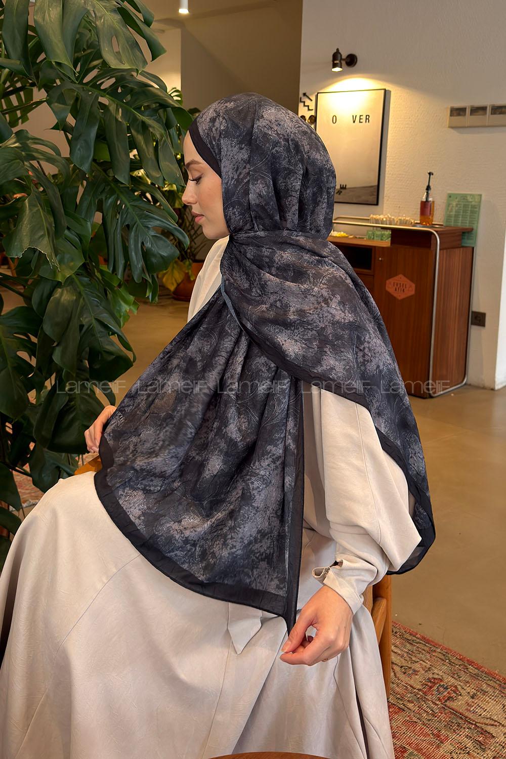 Lamelif Sarmaşık Desen Bambu Şal Siyah Gri