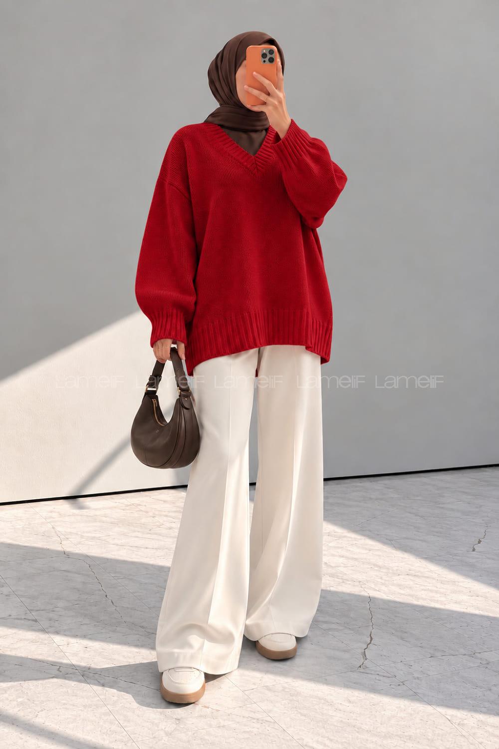 Red V Neck Long Arm Jumper
