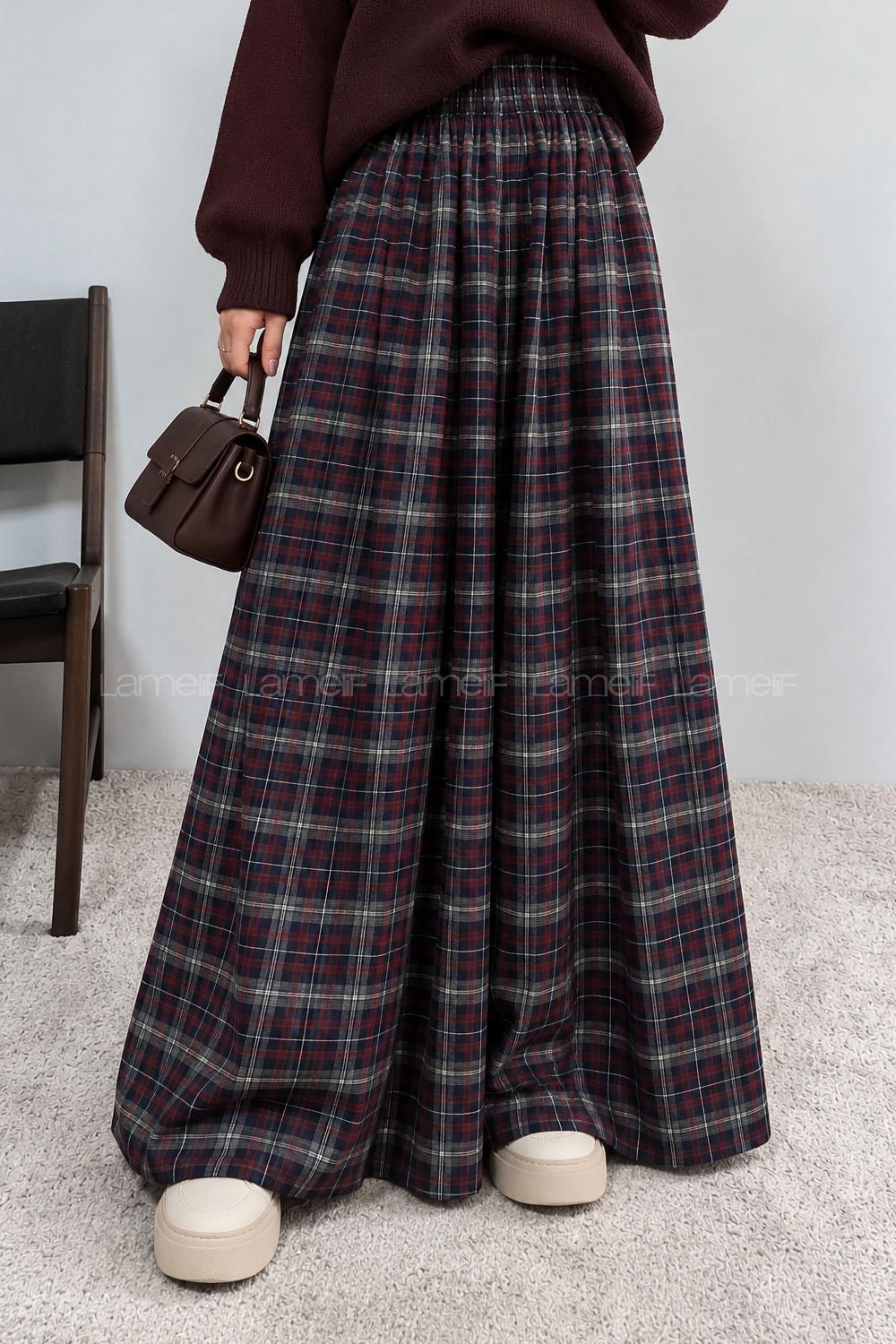 Lamelif Ekose Desenli Bol Paça Salaş Pantolon Bordo