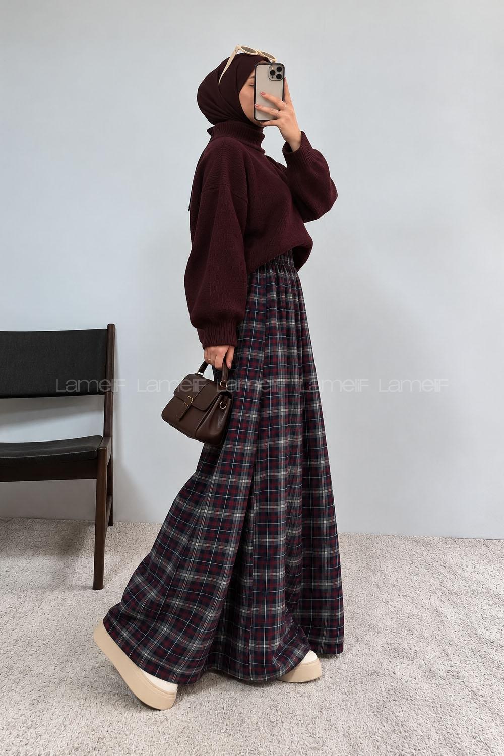 Lamelif Ekose Desenli Bol Paça Salaş Pantolon Bordo