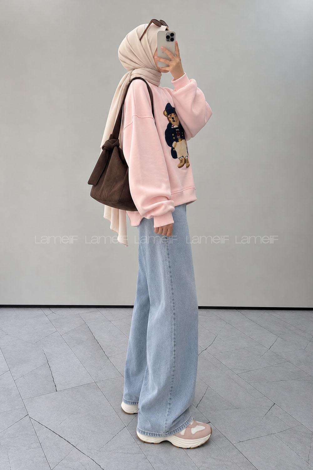 Lamelif Ayıcık Nakışlı Üç İplik Sweat Pembe