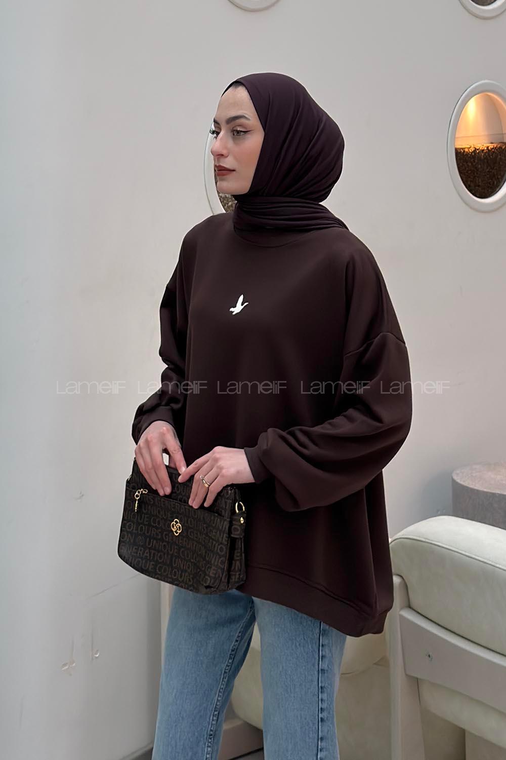 Lamelif Basic Kuş Detaylı Oversize Sweatshirt Kahverengi