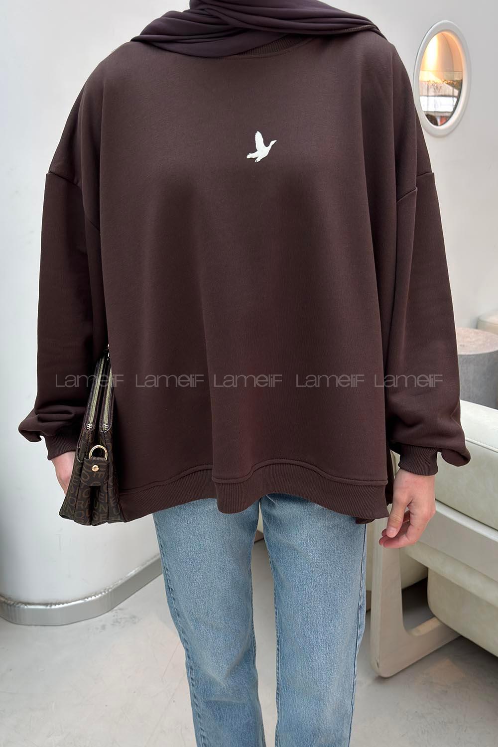 Lamelif Basic Kuş Detaylı Oversize Sweatshirt Kahverengi