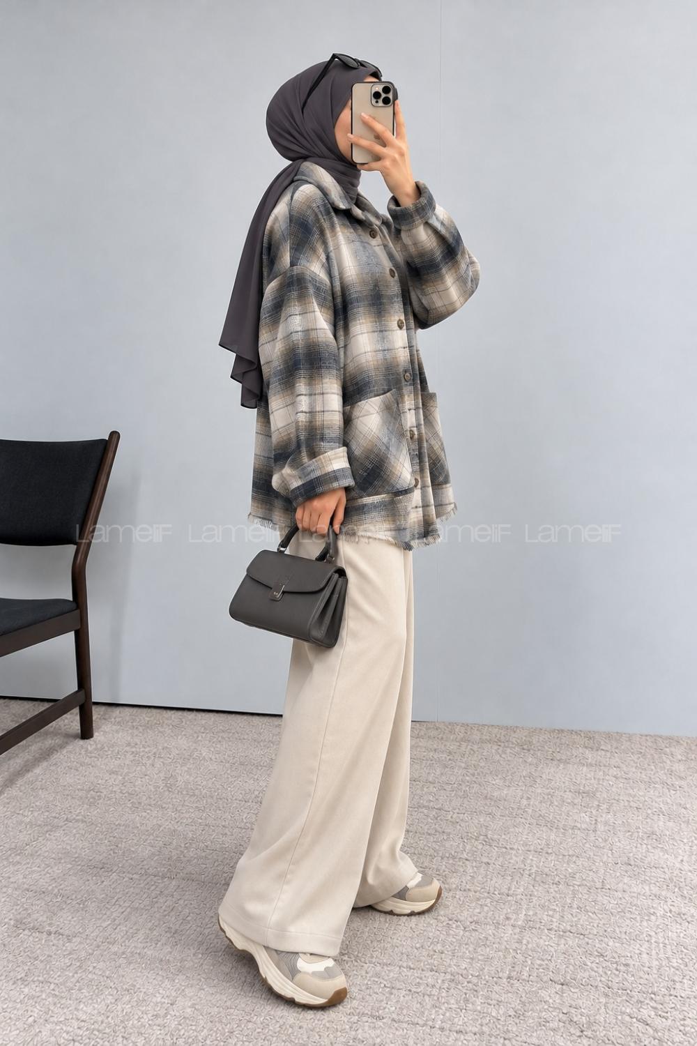 Lamelif Ekose Desen Eteği Püsküllü Oduncu Gömleği Ekru