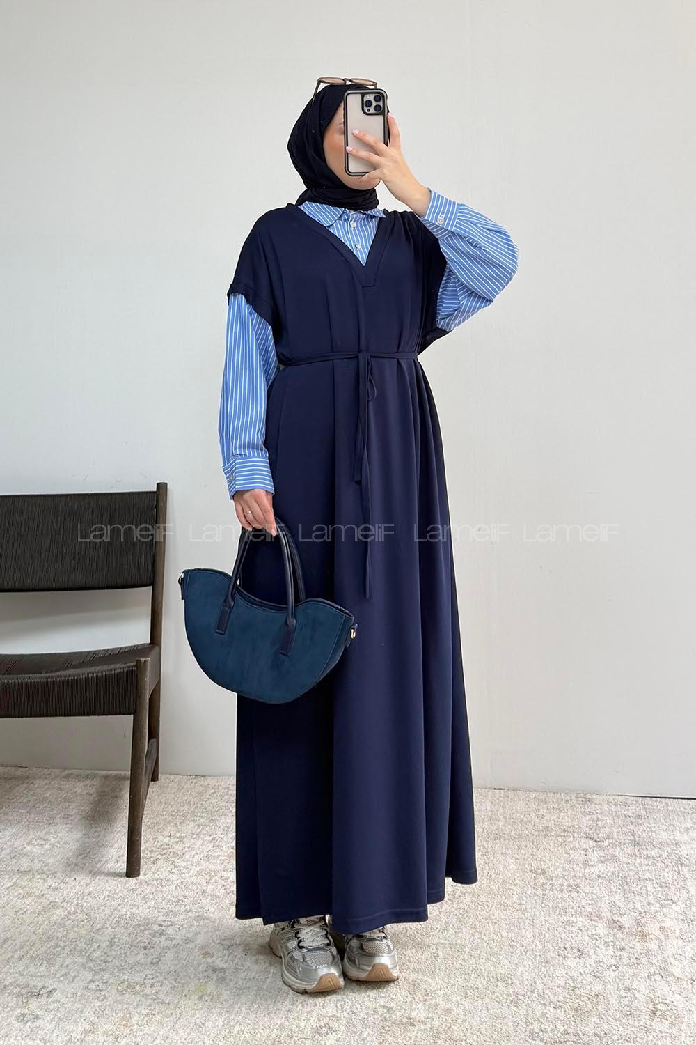 Lamelif Gömlek Garnili Uzun Elbise Lacivert
