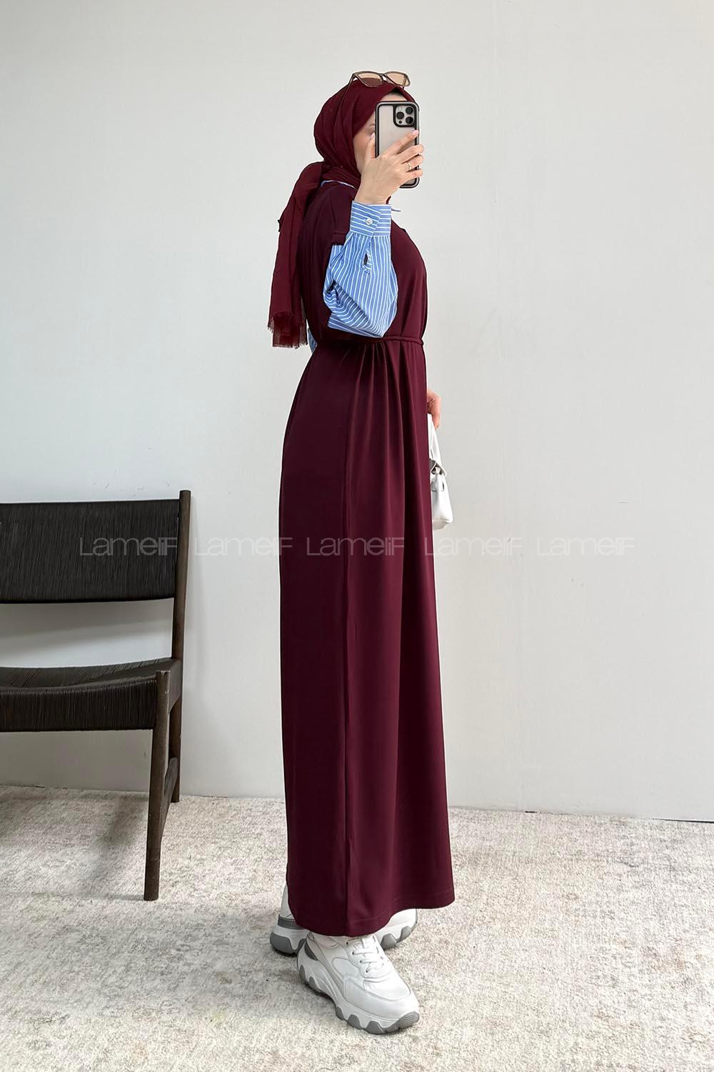 Lamelif Gömlek Garnili Uzun Elbise Mürdüm