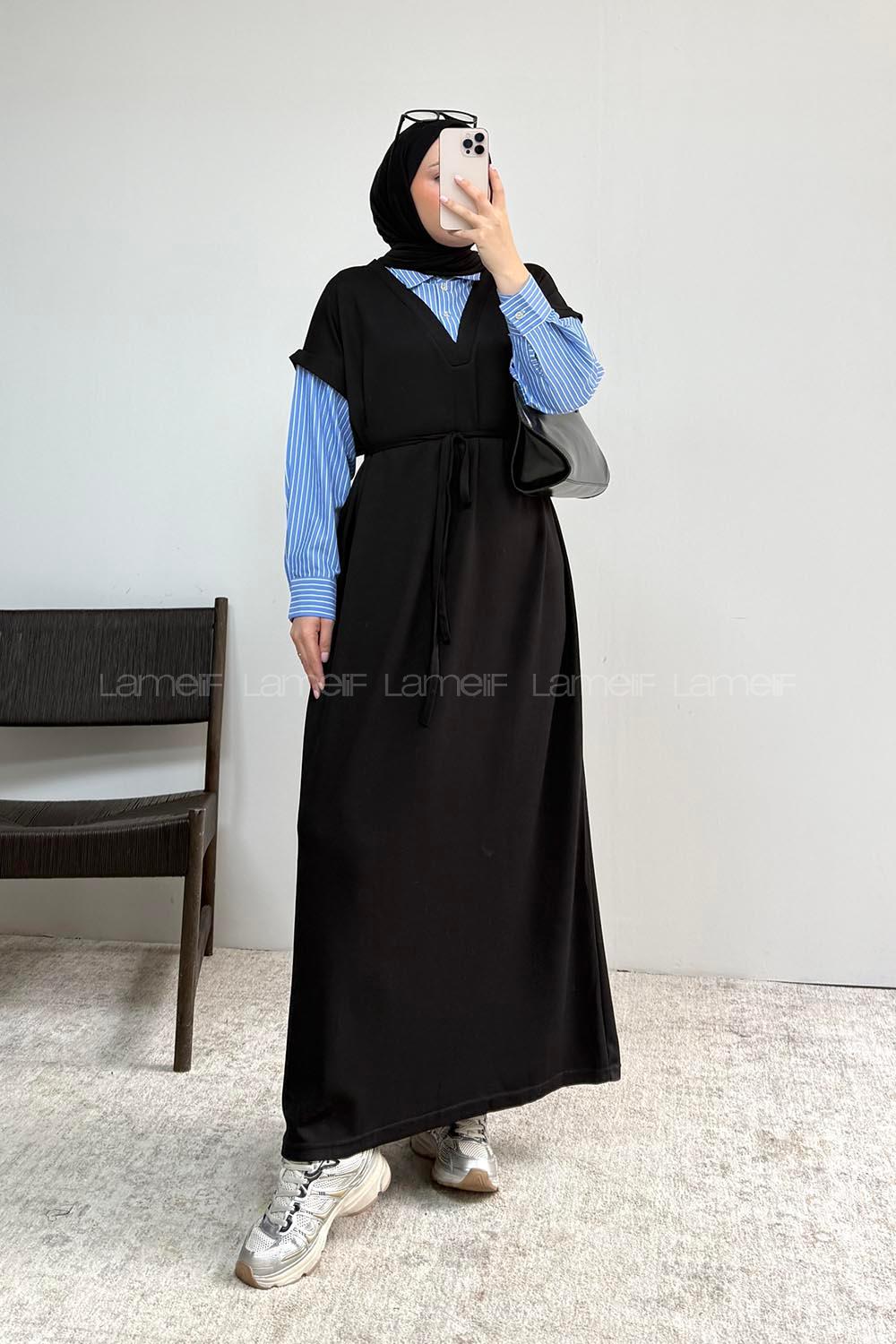 Lamelif Gömlek Garnili Uzun Elbise Siyah
