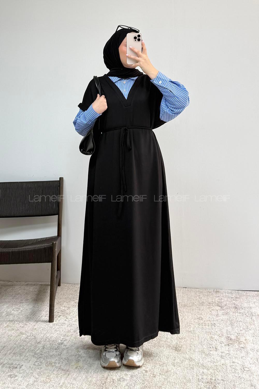 Lamelif Gömlek Garnili Uzun Elbise Siyah