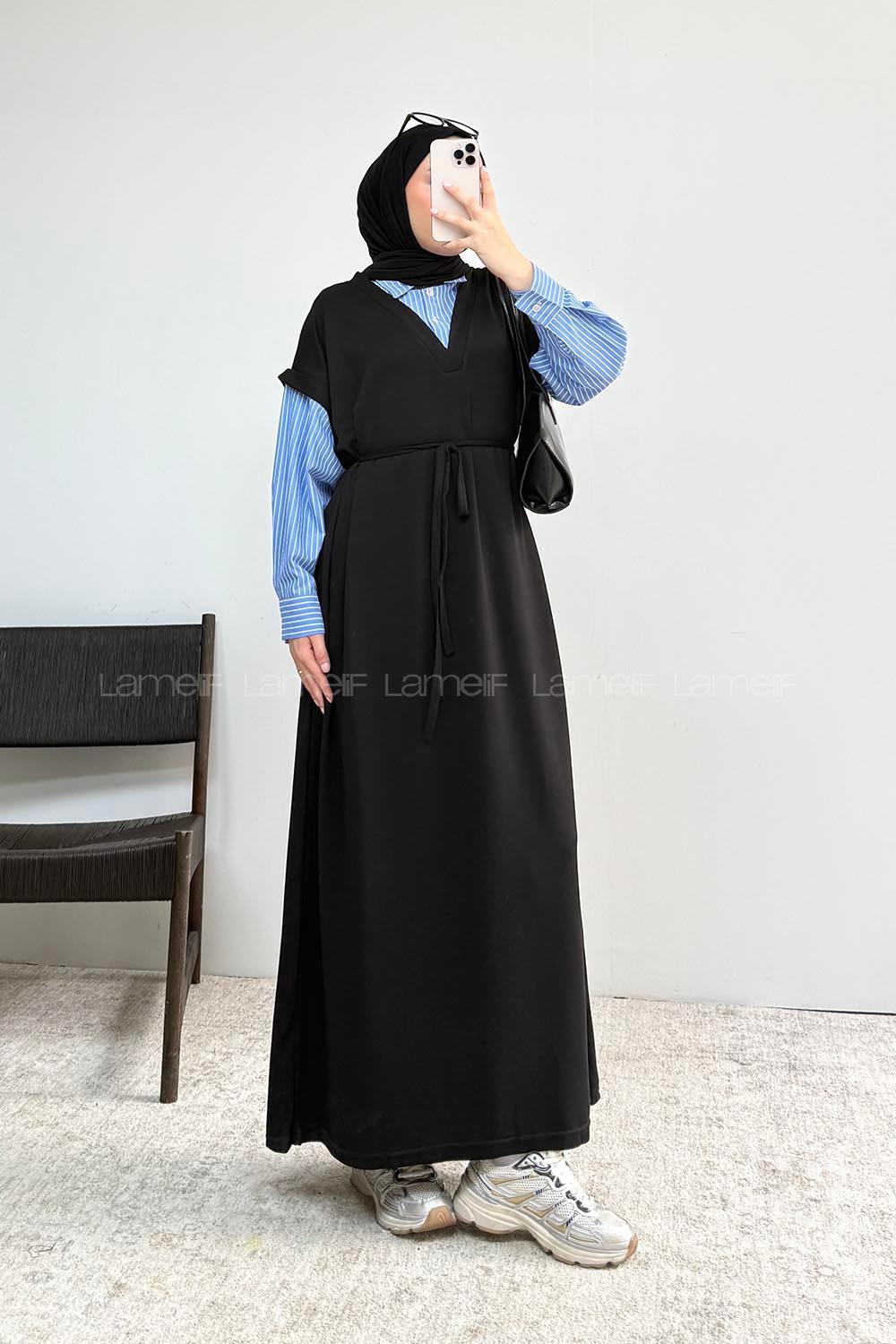 Lamelif Gömlek Garnili Uzun Elbise Siyah