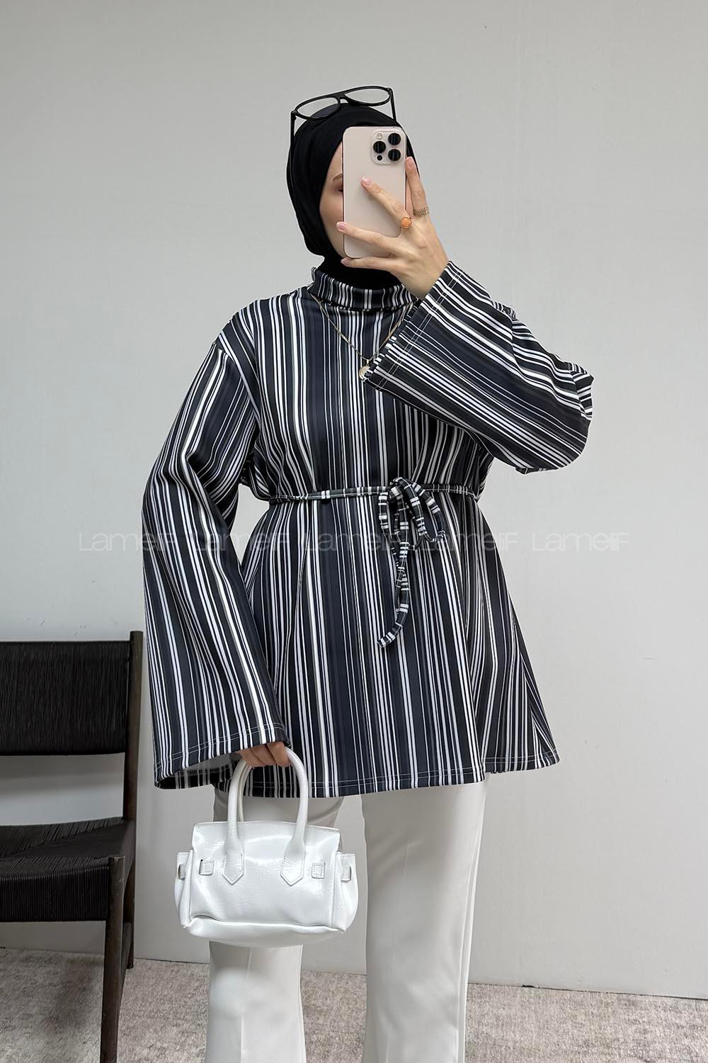 Lamelif İp Bağlamalı Çizgili Tunik Siyah