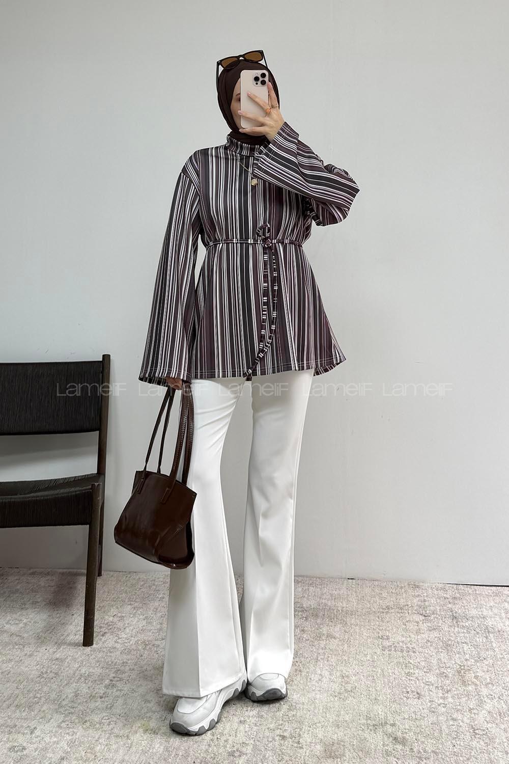 Lamelif İp Bağlamalı Çizgili Tunik Soft Mürdüm