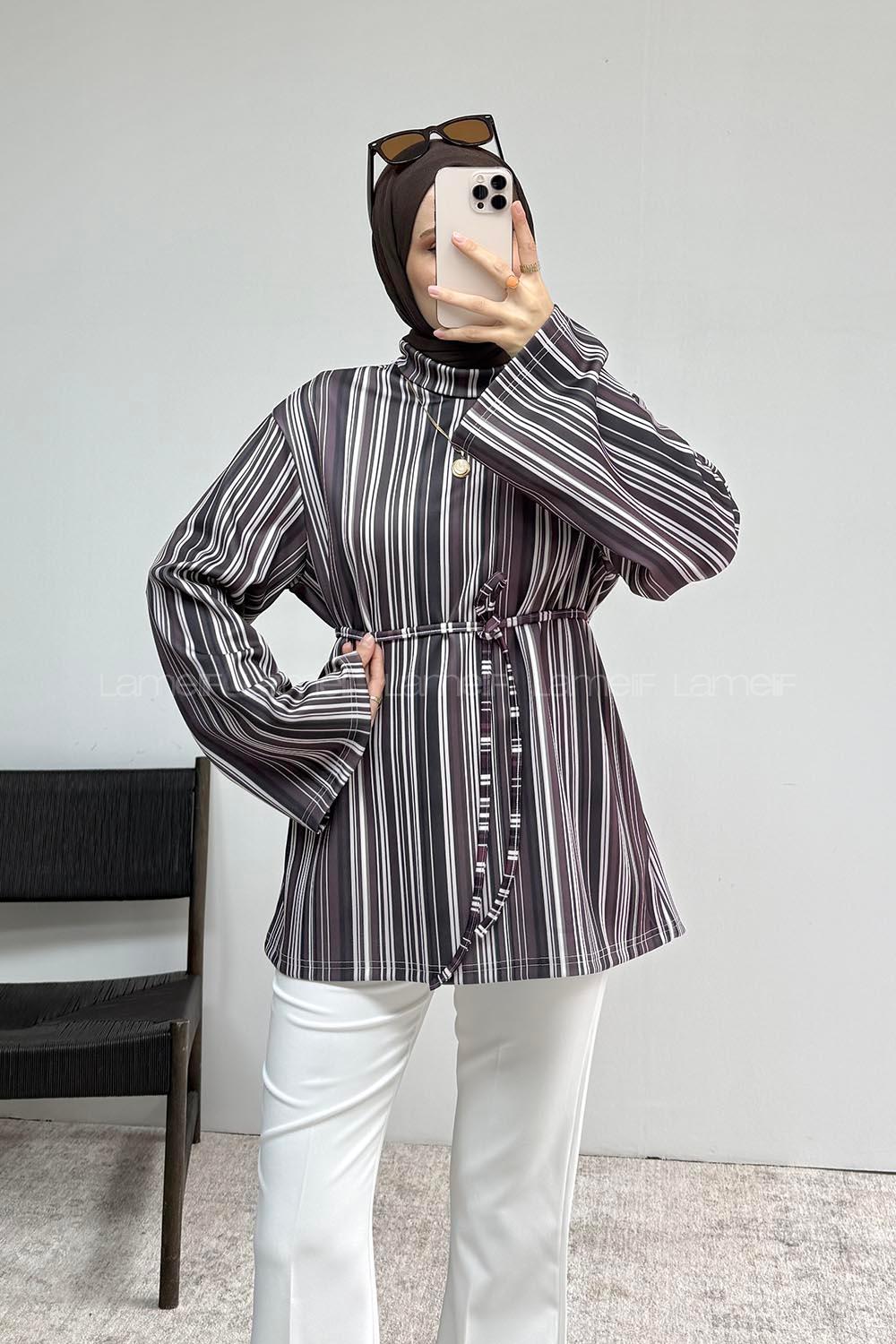 Lamelif İp Bağlamalı Çizgili Tunik Soft Mürdüm