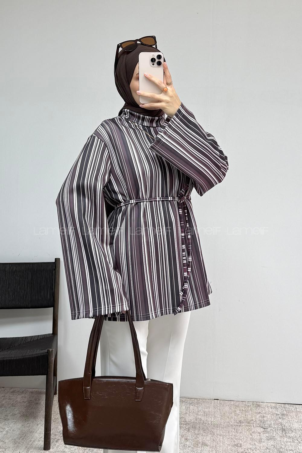 Lamelif İp Bağlamalı Çizgili Tunik Soft Mürdüm