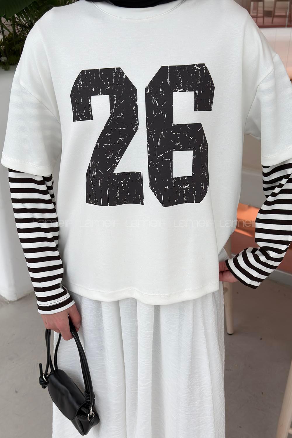 Lamelif Kolları Çizgili Ön Arka Baskı Detaylı Sweatshirt Acı Kahve