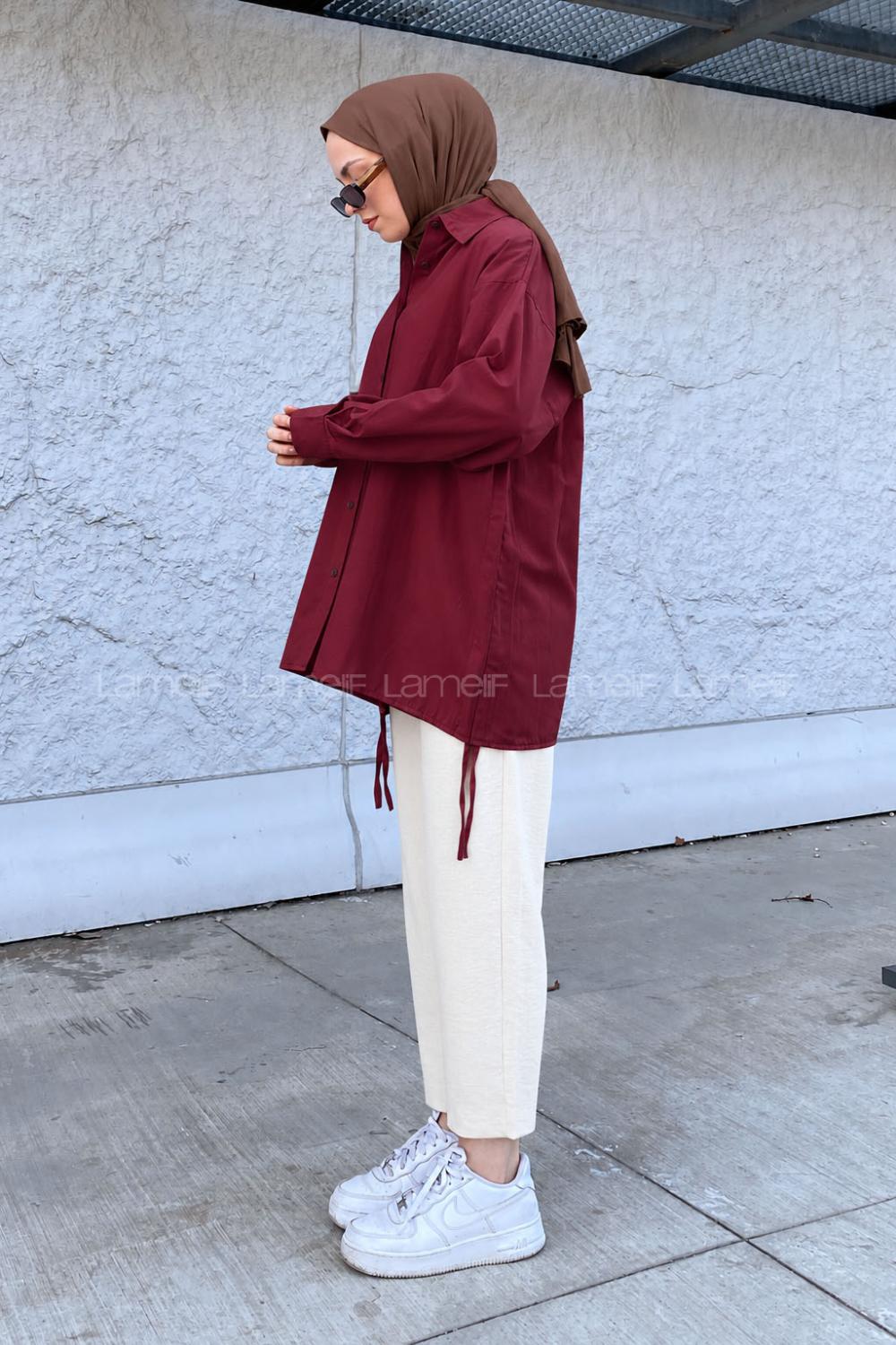 Claret Red Shirt Collar Long Arm Cotton Unprinted Shirt