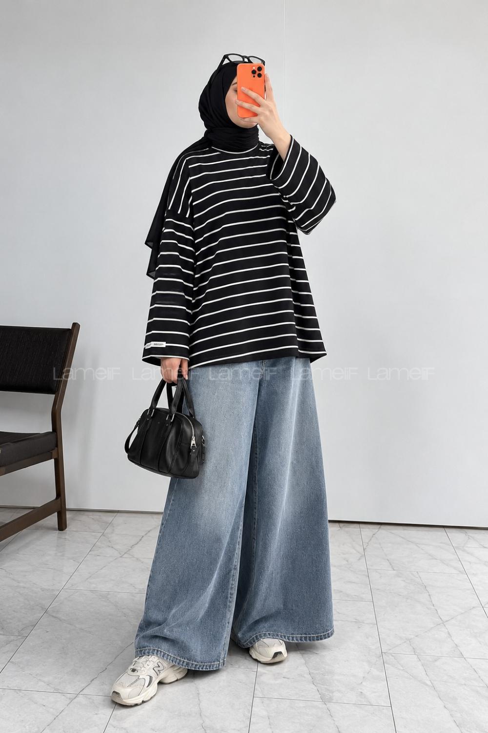 Lamelif Çizgili Oysho Sweat Siyah