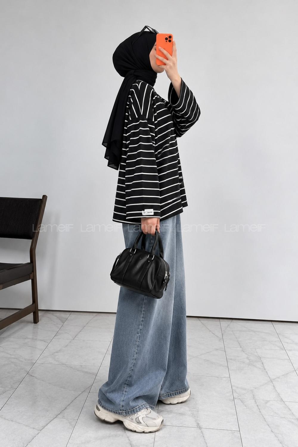Lamelif Çizgili Oysho Sweat Siyah