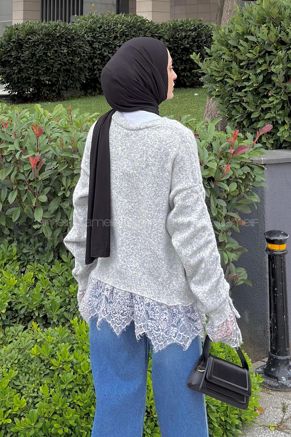 Lamelif V Yaka Dantel Detaylı Triko Hırka Gri