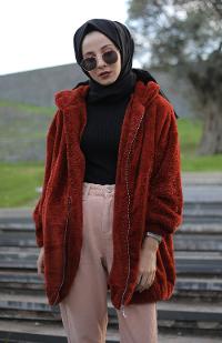 Lamelif Peluş Mont Kiremit