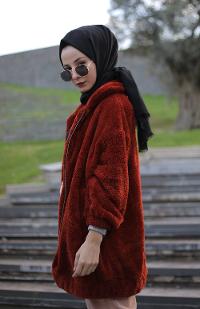 Lamelif Peluş Mont Kiremit