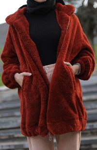 Lamelif Peluş Mont Kiremit