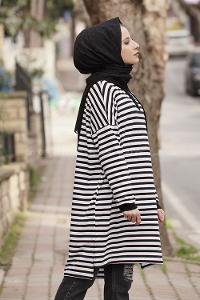 Modalamelif Beyaz Ağırlıklı Çizgili Kapşonlu Tunik